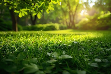 Lush green foliage and sundappled grass in a peaceful setting