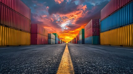 At sunset, colorful shipping containers, with a cargo container ship and cargo plane being loaded and unloaded by a crane bridge in the busy shipyard, highlight logistics and transportation operations - obrazy, fototapety, plakaty