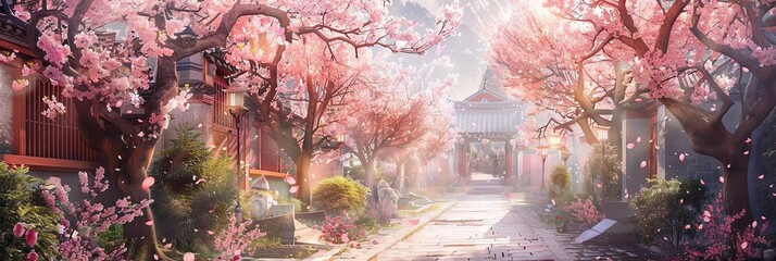 Pink flowers of cherry trees lining a picturesque alley