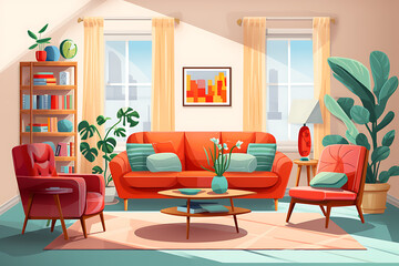 A vibrant living room illustration with a bookshelf, cozy furniture, plants, and city views from the windows. Generative AI