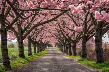 Stunning view of cherry blossoms in full bloom along a peaceful pathway