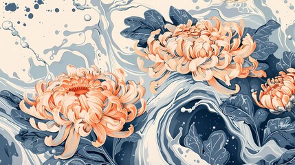 vintage chrysanthemum plants pattern illustration poster background - obrazy, fototapety, plakaty