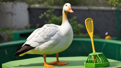 A white goose stands on a green table next to a green and yellow toy rake.


