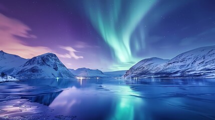 Fototapeta premium The serene beauty of the Norwegian landscape, illuminated by the vibrant colors of the aurora borealis