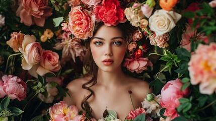 A whimsical fantasy shoot featuring a model adorned in elaborate floral couture, surrounded by a lush garden bursting with blooms and magical creatures, evoking a sense of enchantment and wonder.