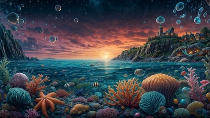 An enchanting marine landscape with a vibrant coral reef, floating celestial bodies in the twilight sky, and a cliff-side village aglow at dusk. - Powered by Adobe