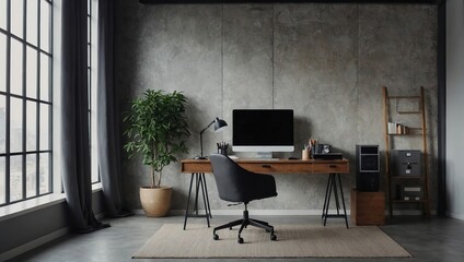 Stylish office interior with workplace, pc computer and window,empty Mock up wall