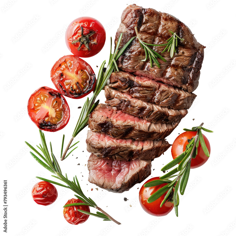 Wall mural a top down view of a succulent beef steak sliced and grilled to perfection paired with juicy tomatoe