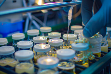 A detailed image capturing the process of inoculating a batch of fermenters in a microbiology lab for the study of industrial fermentation processes. - obrazy, fototapety, plakaty