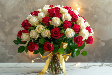 A luxurious bouquet of red and white roses with golden ribbon wrapped around the vase, placed on a marble surface with soft lighting creating a warm, inviting atmosphere. - Powered by Adobe