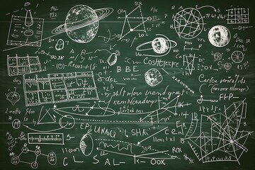 Intricate scientific chalkboard with a variety of mathematical notations and diagrams, featuring a celestial body. Generative AI