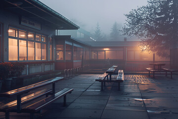 A morning scene featuring a schoolyard with empty benches and a calm, misty atmosphere, waiting for...