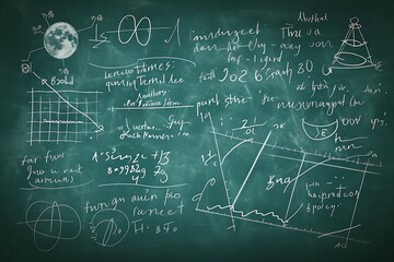 Intricate scientific chalkboard with a variety of mathematical notations and diagrams, featuring a celestial body. Generative AI - obrazy, fototapety, plakaty