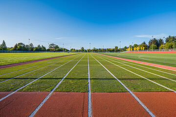 A school's outdoor sports field freshly lined and prepared for soccer, football, and track events, under a clear, sunny sky.