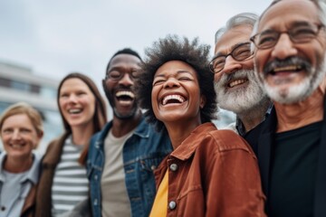 Portrait of happy multiethnic group of friends standing together and laughing