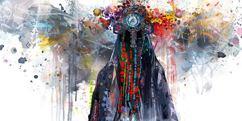 Mourning Garb and Sacred Symbols - Imagine someone dressed in mourning garb adorned with sacred symbols, illustrating the blending of cultural practices and religious beliefs - obrazy, fototapety, plakaty