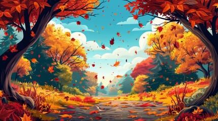Enjoy the serene and picturesque autumn forest with colorful falling leaves in a natural setting