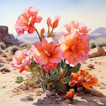 A painting of a desert scene with a prickly pear cactus in bloom.