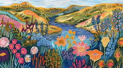 flower meadow and water illustration poster web background