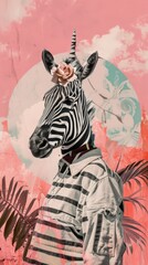 Surreal zebra unicorn portrait on pink background