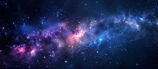 A mesmerizing galaxy filled with beautiful dark blue and purple hues, adorned with sparkling stars and swirling nebulas