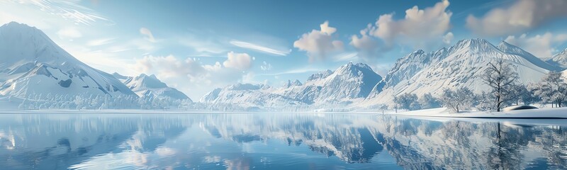 A peaceful winter scene with snowcovered mountains and a breathtaking reflection in the water