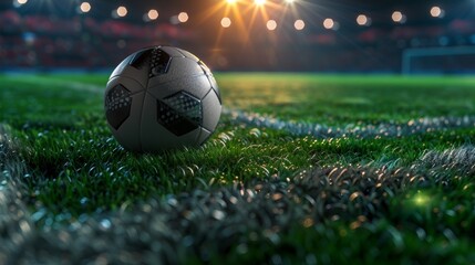 Soccer scene close-up, player's cleat over the ball at penalty spot, ultra detailed grass and line markings, evening stadium light - obrazy, fototapety, plakaty
