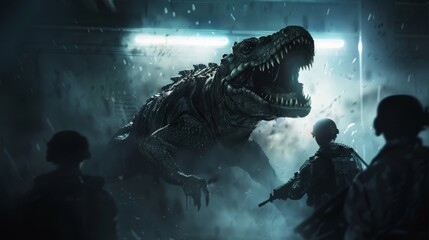 A lone spotlight casts on a humanoid lizard, teeth bared in a snarl, surrounded by alarmed security guards amid a backdrop of electrical chaos