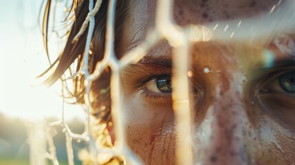 Close-up on a soccer player's eyes filled with determination, shot from behind during a penalty kick, the goal and goalie blurred in the background, sunlight filtering through - obrazy, fototapety, plakaty