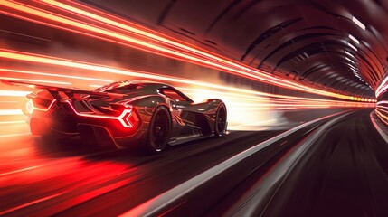 Hypercar speeding through a tunnel of light on a virtual track, high contrast lighting emphasizes futuristic aerodynamics - obrazy, fototapety, plakaty