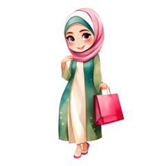 Cute Chic Hijabi Shopper With New Purchases Isolated Transparent Cartoon Illustration

