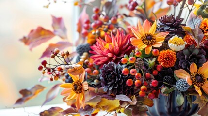A stunning autumn arrangement featuring gorgeous flowers and berries set against a light backdrop This floristic decoration creates a natural and captivating floral background - obrazy, fototapety, plakaty