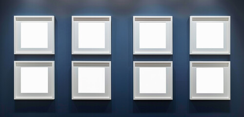 An avant-garde art gallery showcasing six minimalist white frames on a dark blue wall, perfect for highlighting modern art in a striking setting