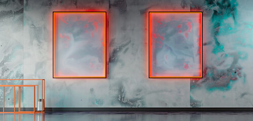 An avant-garde art gallery with two neon orange frames on a soft gray wall, adding a burst of color to the contemporary space