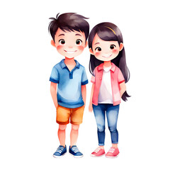 Couple Of Cute Kids In Casual Uniform Standing Isolated Transparent Cartoon Illustration
