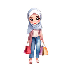 Cute Cartoon Hijabi Girl with Purchases Bag Isolated Transarent Cartoon Illustration
