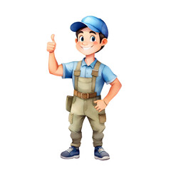 Cute Adorable Mechanic Man Character Standing With Thumb Up Gesture Isolated Transparent Cartoon Illustration

