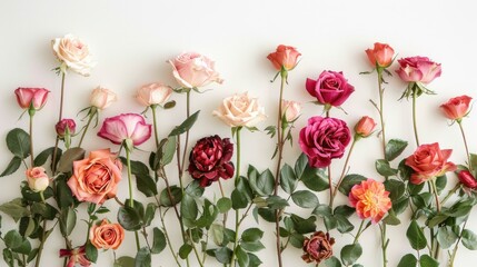 An exquisite arrangement of vibrant English roses set against a pristine white backdrop captures the essence of celebration With a captivating overhead view in a flat lay style this composi