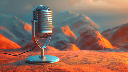 Vintage retro microphone podcast against sky and mountain background