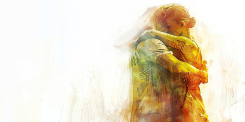 The Divine Embrace and Comforting Presence - Picture a divine figure embracing someone in sadness, illustrating the comforting presence of a higher power in times of need