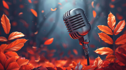 Vintage microphone podcast amidst red autumn season background. 