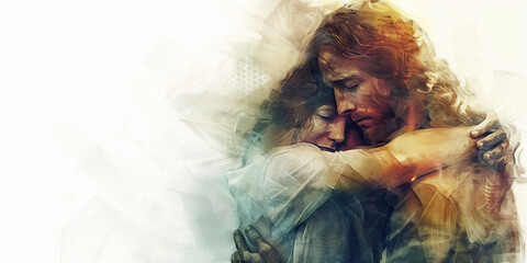 The Divine Embrace and Comforting Presence - Picture a divine figure embracing someone in sadness, illustrating the comforting presence of a higher power in times of need
