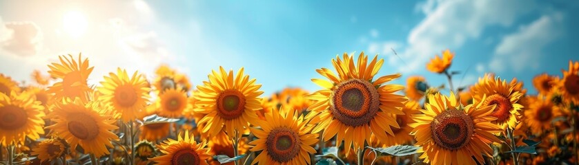 Obraz premium Vivid sunflowers bloom under clear skies, facing the sun in a picturesque, wide scenic view