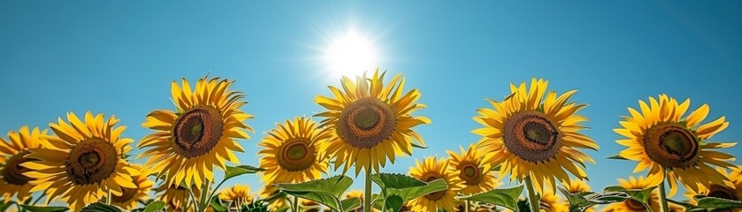 A picturesque scene of bright yellow sunflowers under a clear blue sky, large blooms turning to the sun, wide scenic view
