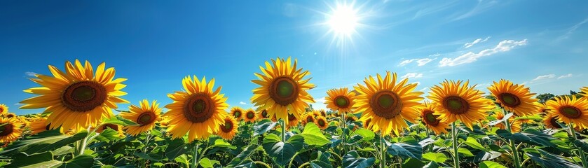 A field of bright yellow sunflowers under a clear blue sky, with large blooms facing the sun, creating a vibrant and picturesque scene with a wide scenic view