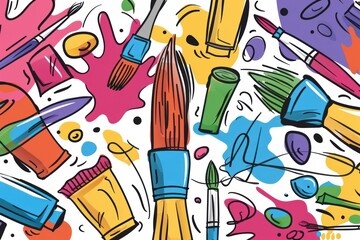 Cartoon cute doodles of an abstract painting workshop with splashes of colors and bold brush strokes, Generative AI