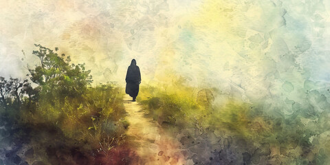 The Pilgrim's Path and Journey of Faith - Visualize a pilgrim walking a path of faith, illustrating the journey of faith that can provide solace and direction during times of sadness. - obrazy, fototapety, plakaty