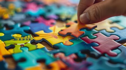 Hand Placing Final Piece in a Colorful Jigsaw Puzzle