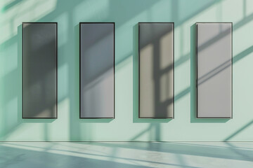 Art gallery interior with four tall empty frames in varying shades of gray on a mint green wall
