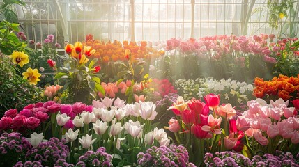This is the interior of a greenhouse. There are many flowers of different colors, mostly orchids, arranged in pots on shelves - obrazy, fototapety, plakaty